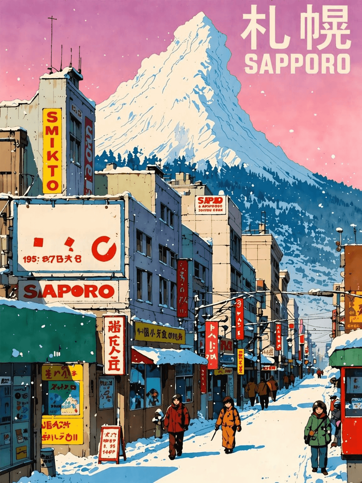 Sapporo Snowy Street Japanese Wall Art Print - unframed