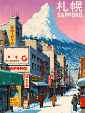 Sapporo Snowy Street Japanese Wall Art Print - unframed