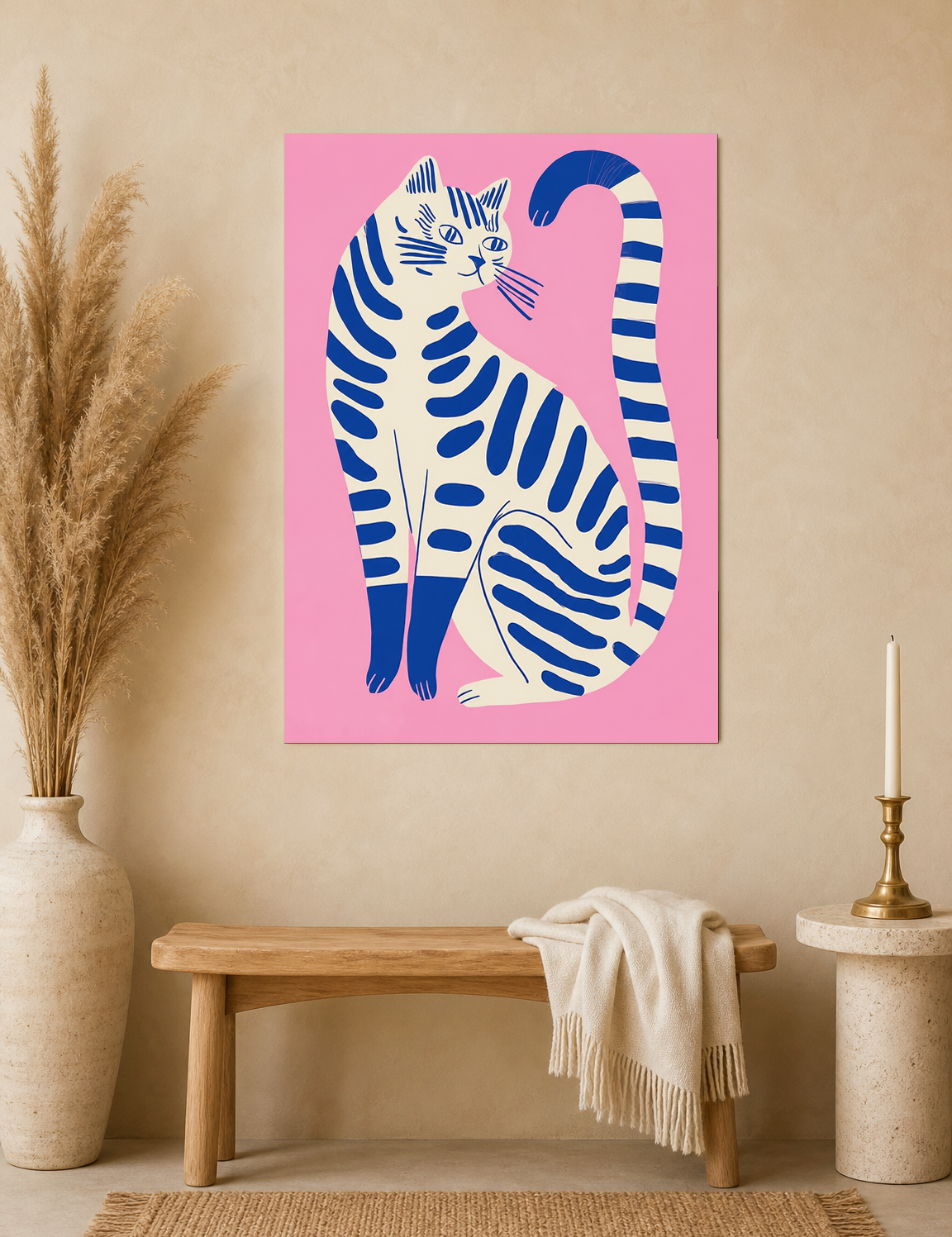 Modern Blue Cat Illustration Wall Art Print - unframed mockup