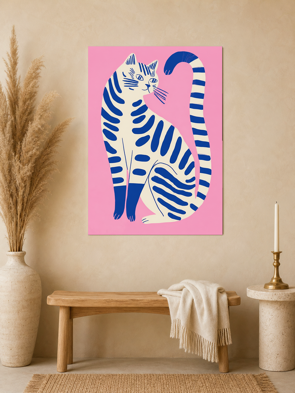 Modern Blue Cat Illustration Wall Art Print - unframed mockup