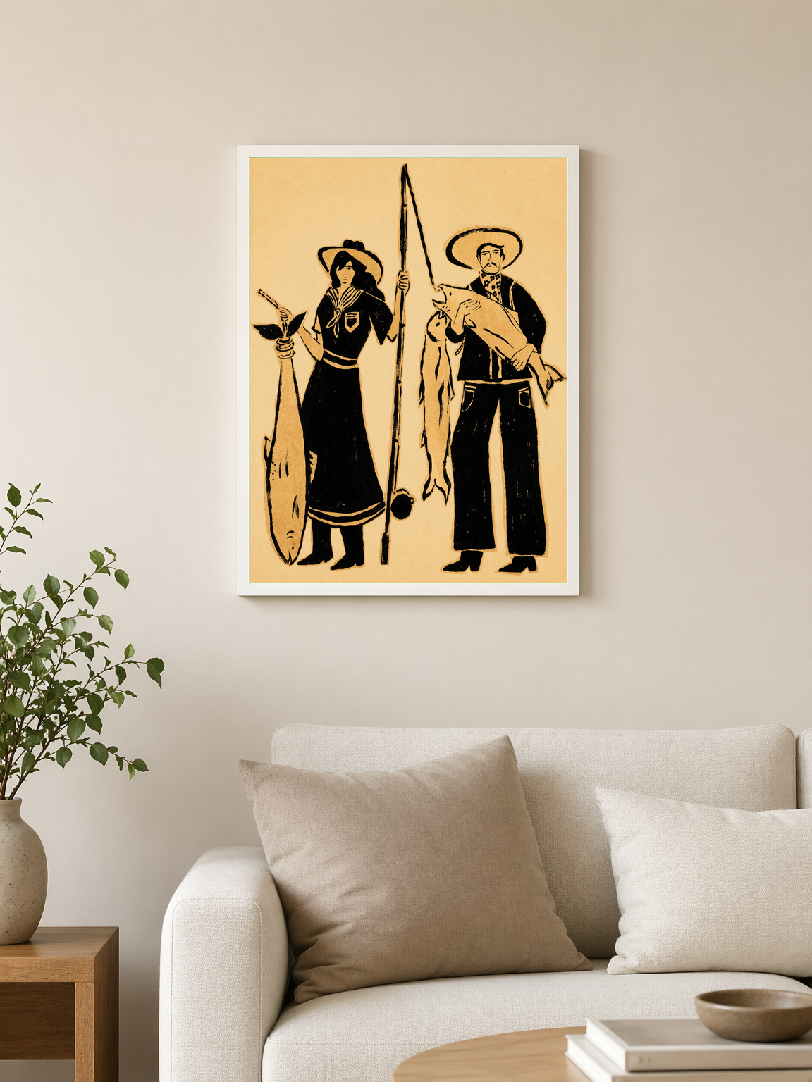 Vintage Fisherman Couple Wall Art Print - white framed
