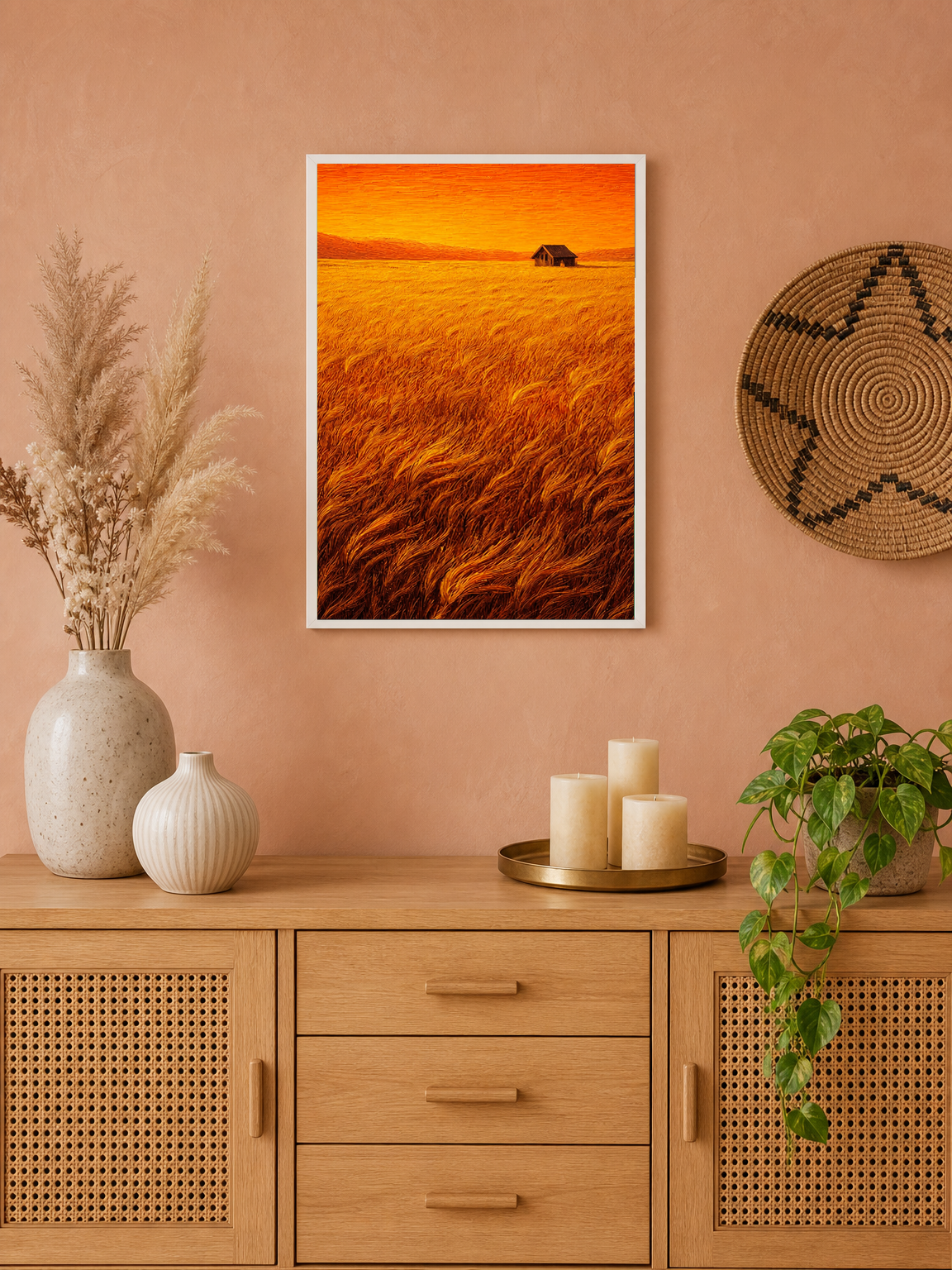 Golden Wheat Field Cabin Wall Art Print - white framed