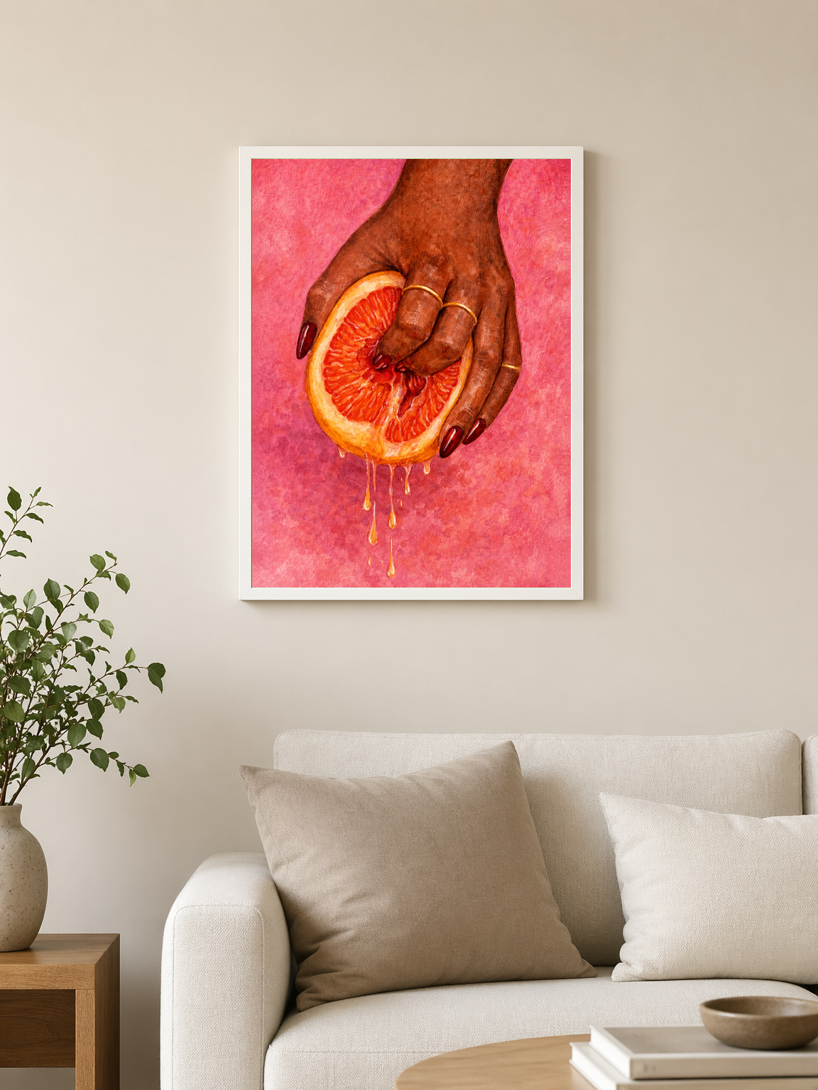 Grapefruit Hand Squeeze Wall Art Print - white framed