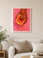 Grapefruit Hand Squeeze Wall Art Print - white framed