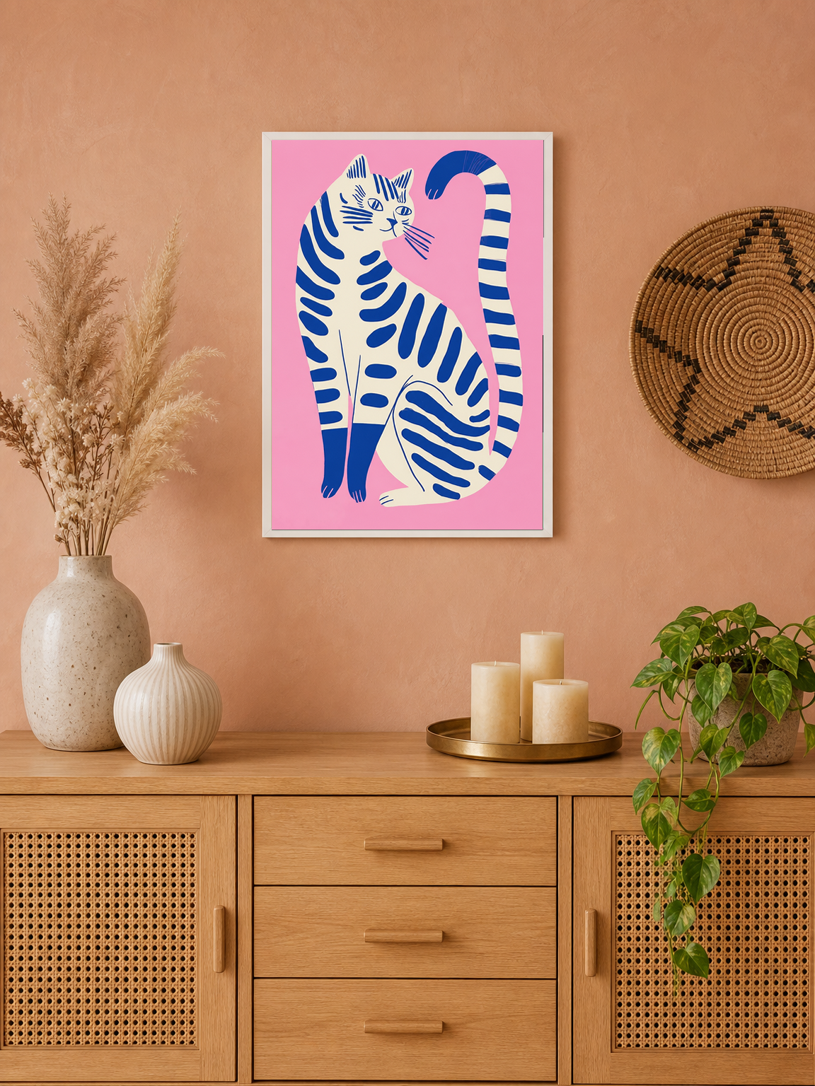 Modern Blue Cat Illustration Wall Art Print - white framed