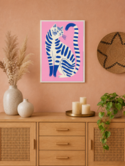 Modern Blue Cat Illustration Wall Art Print - white framed