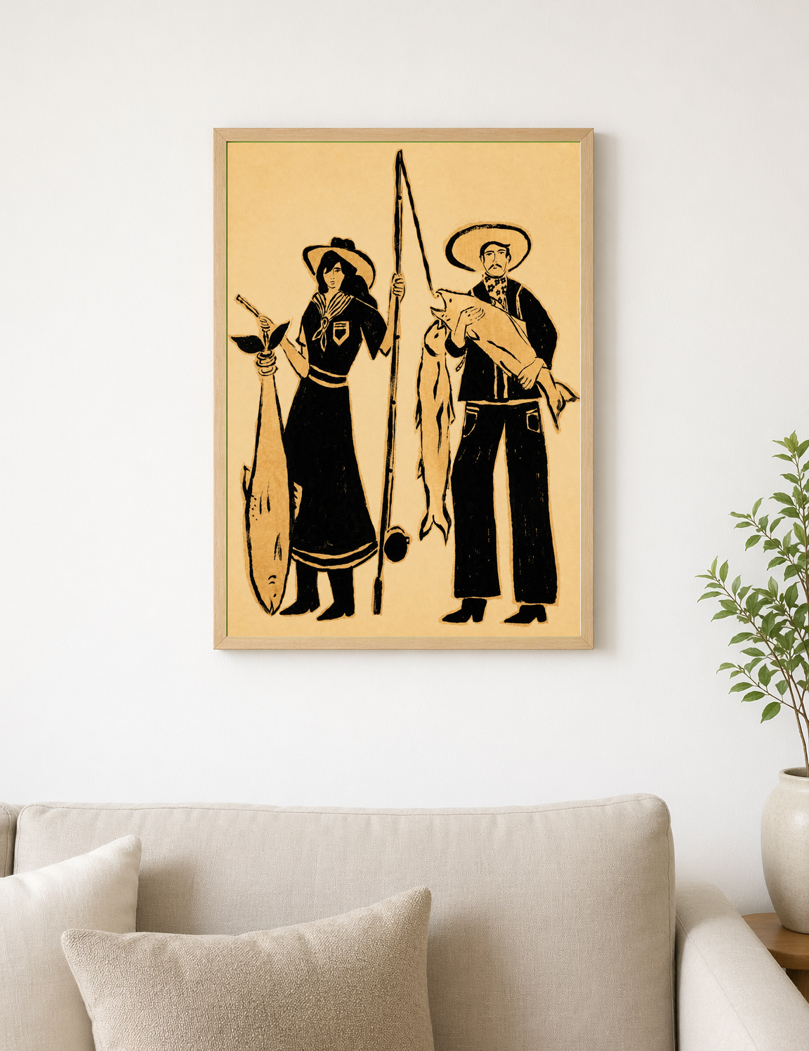 Vintage Fisherman Couple Wall Art Print - wood framed poster