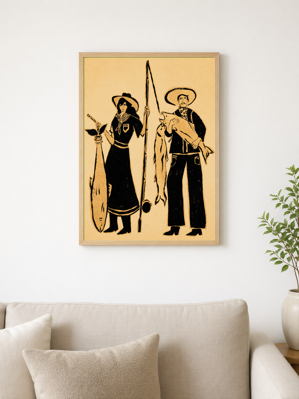 Vintage Fisherman Couple Wall Art Print - wood framed poster