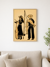 Vintage Fisherman Couple Wall Art Print - wood framed poster