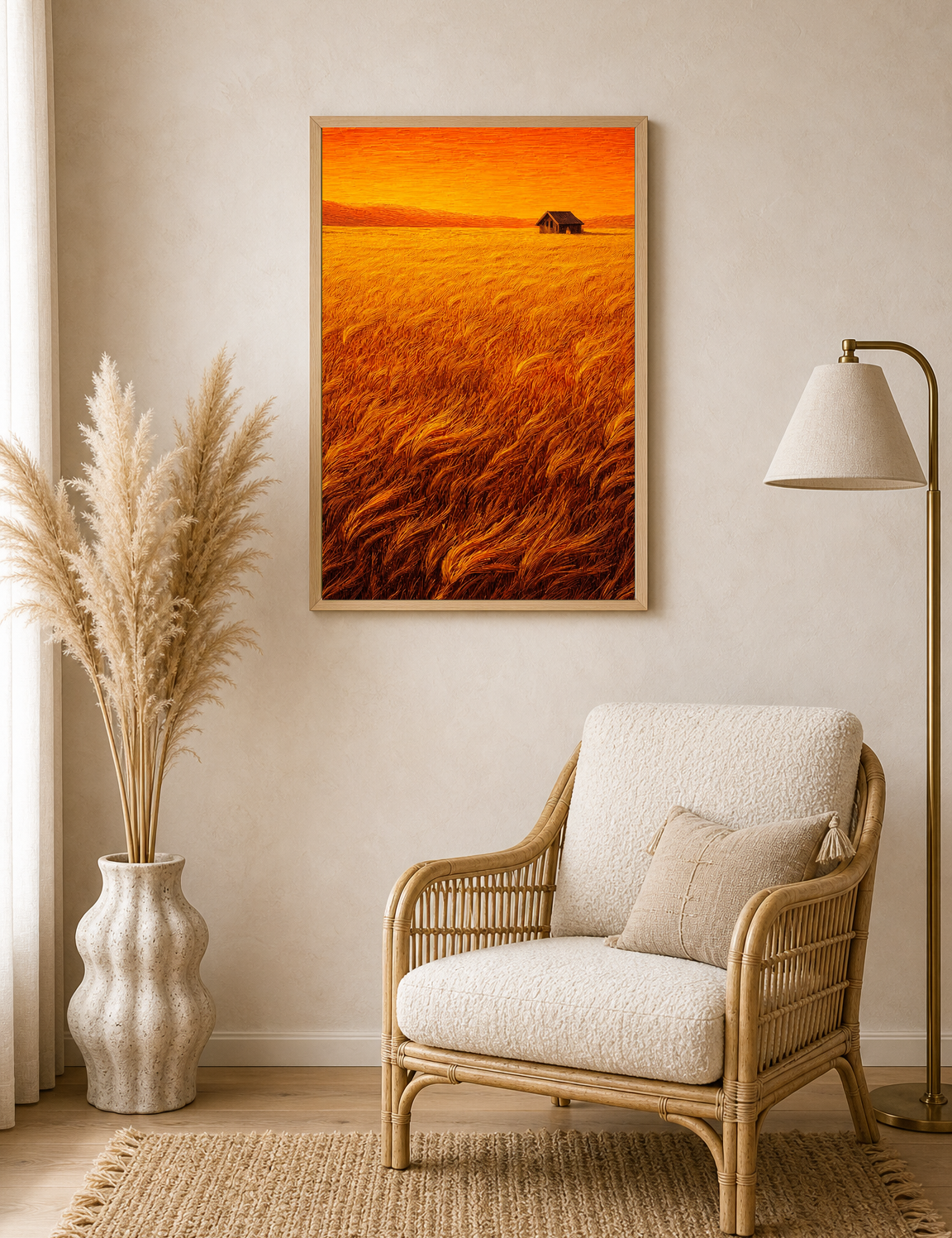 Golden Wheat Field Cabin Wall Art Print - wood framed poster