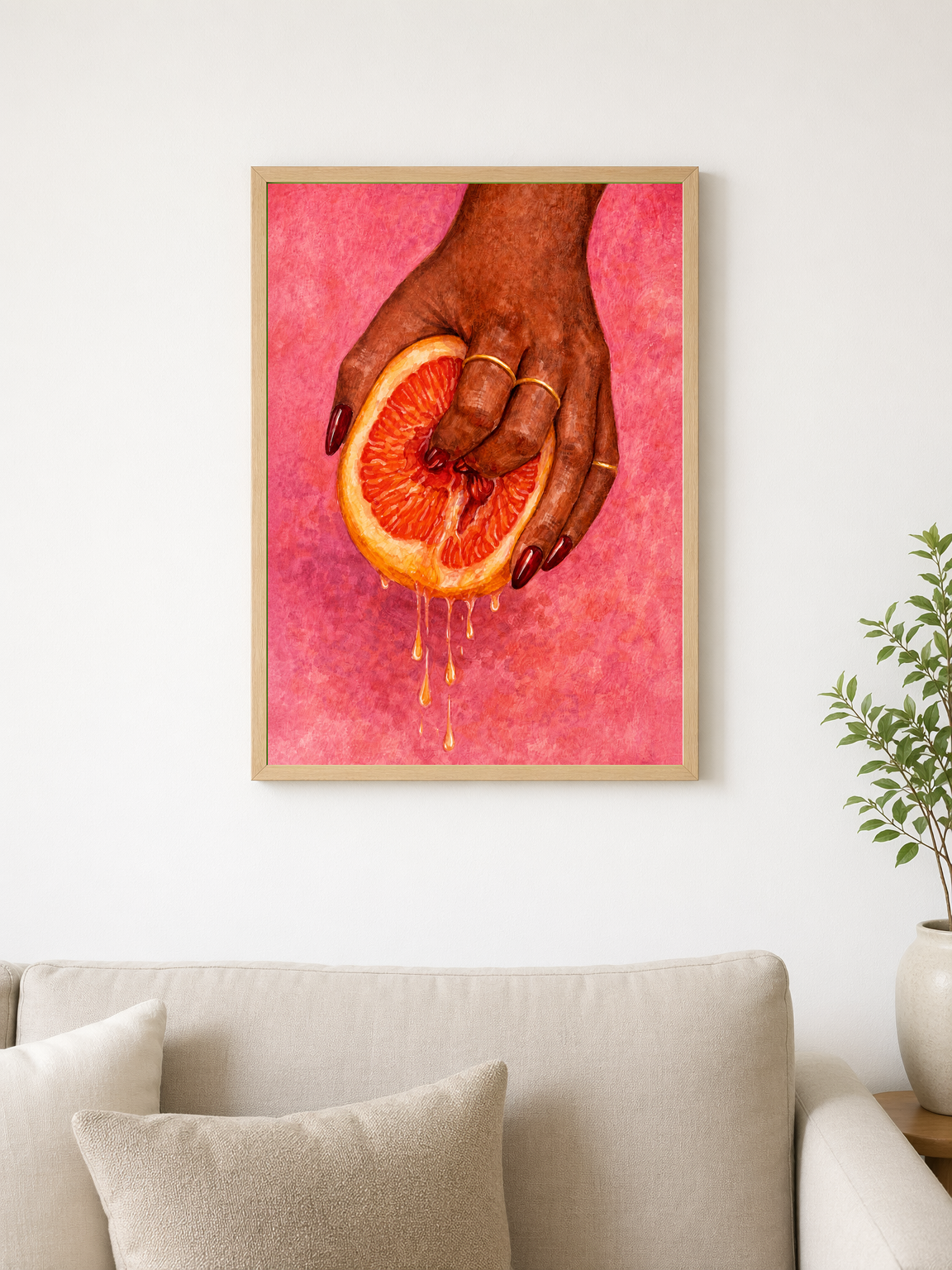 Grapefruit Hand Squeeze Wall Art Print - wood framed poster