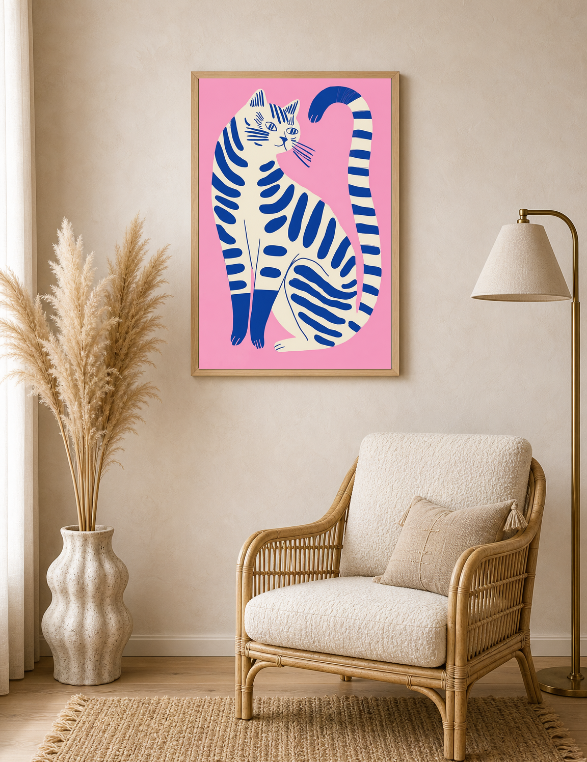 Modern Blue Cat Illustration Wall Art Print - wood framed poster