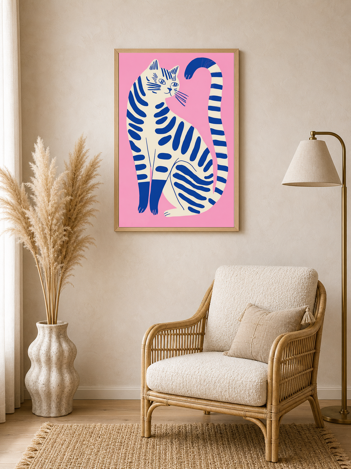 Modern Blue Cat Illustration Wall Art Print - wood framed poster