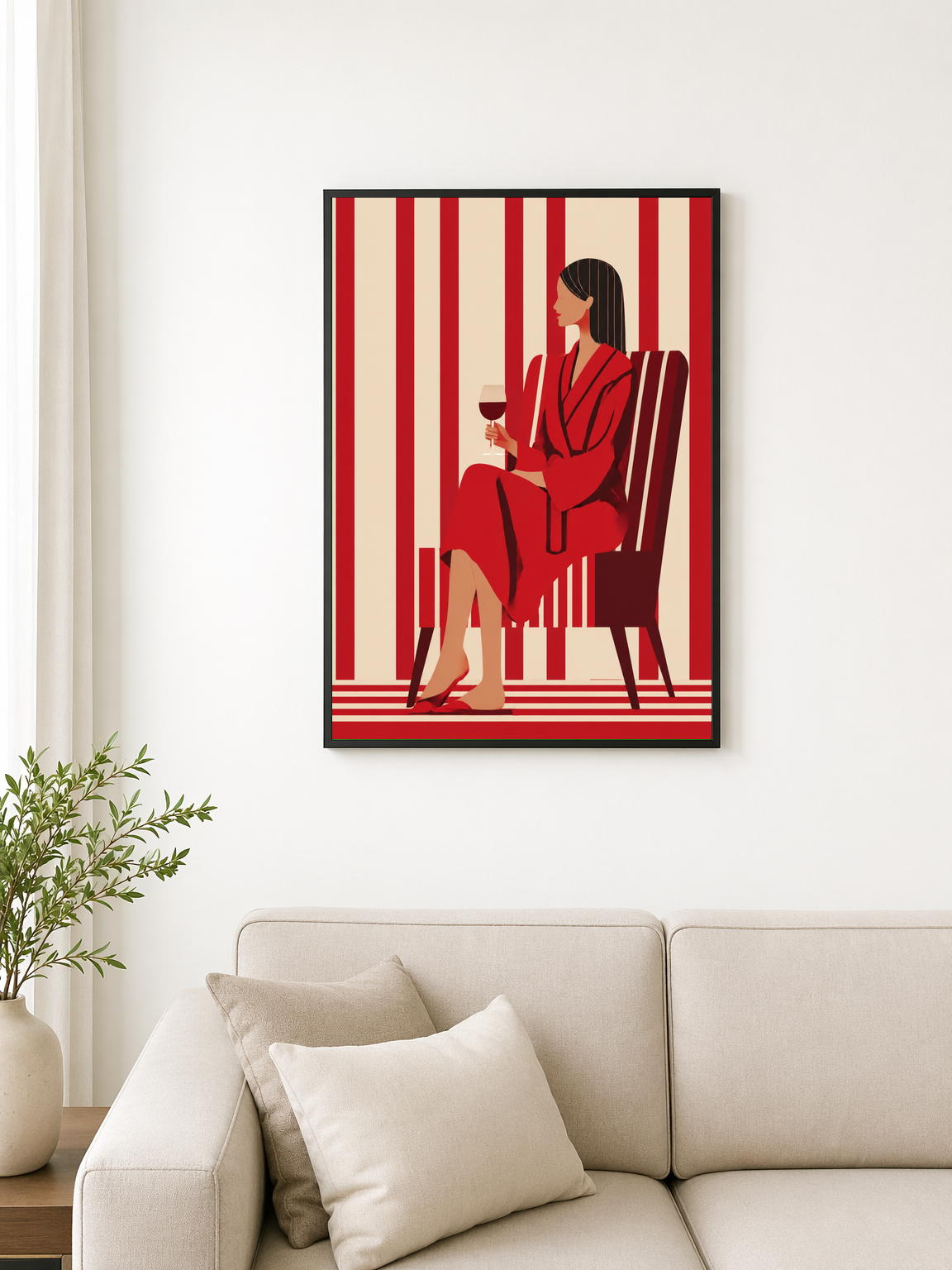 Red Minimalist Woman Wall Art Print - black framed
