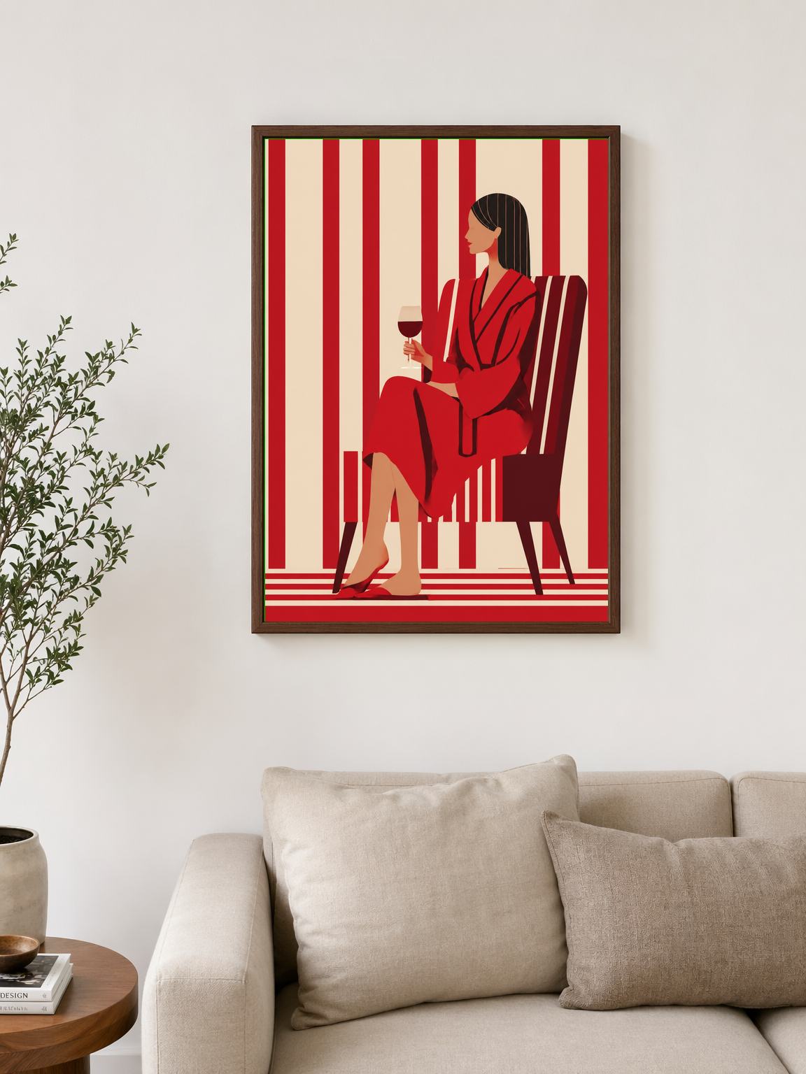 Red Minimalist Woman Wall Art Print - dark wood framed
