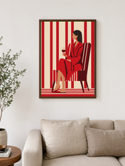 Red Minimalist Woman Wall Art Print - dark wood framed
