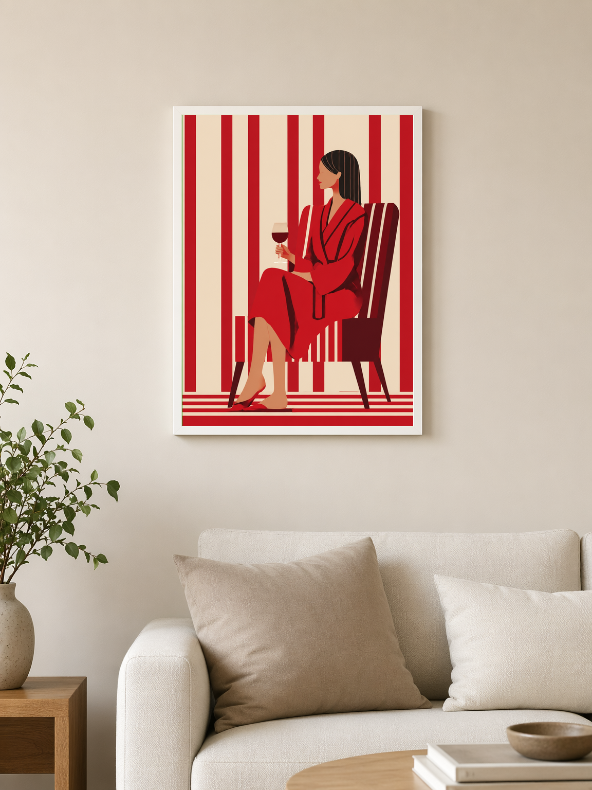 Red Minimalist Woman Wall Art Print - white framed