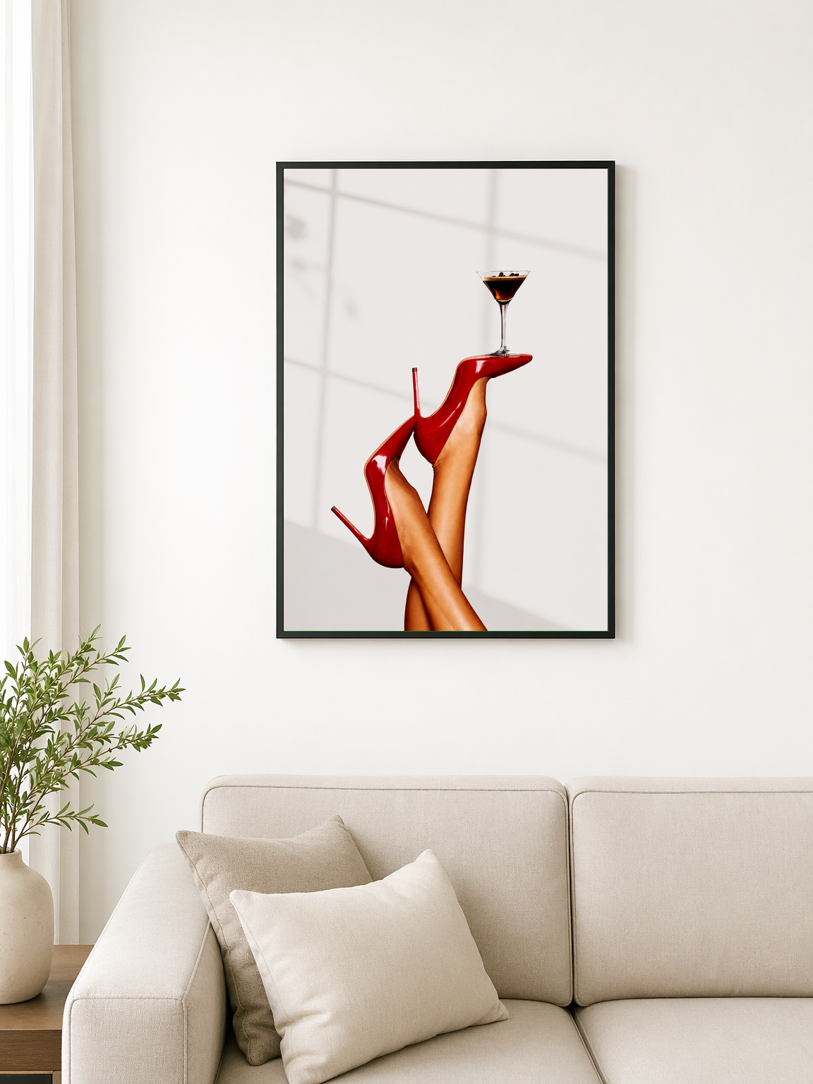 Red Heels & Martini Fashion Wall Art Print - black framed