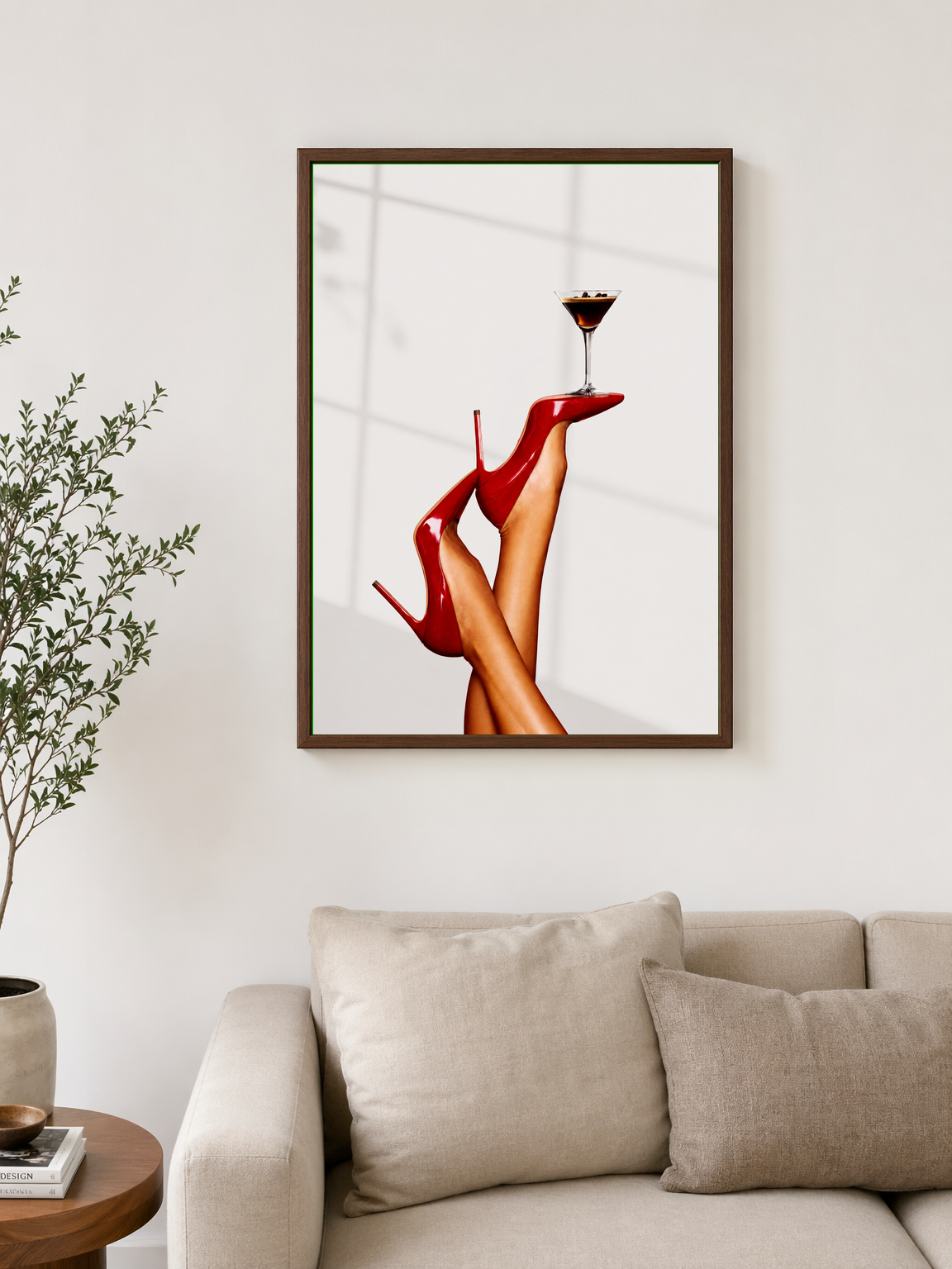 Red Heels & Martini Fashion Wall Art Print - dark wood framed