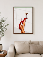 Red Heels & Martini Fashion Wall Art Print - dark wood framed