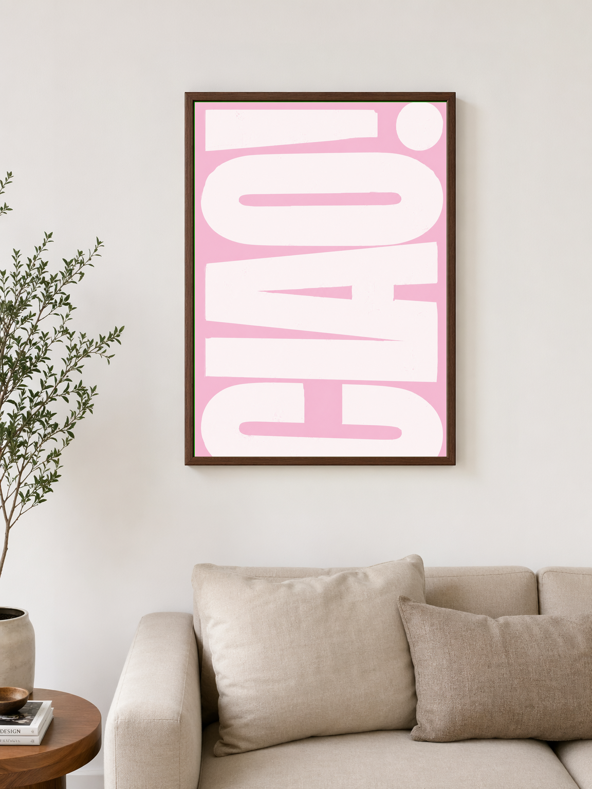 Bold Pink Typographic Wall Art Print - dark wood framed