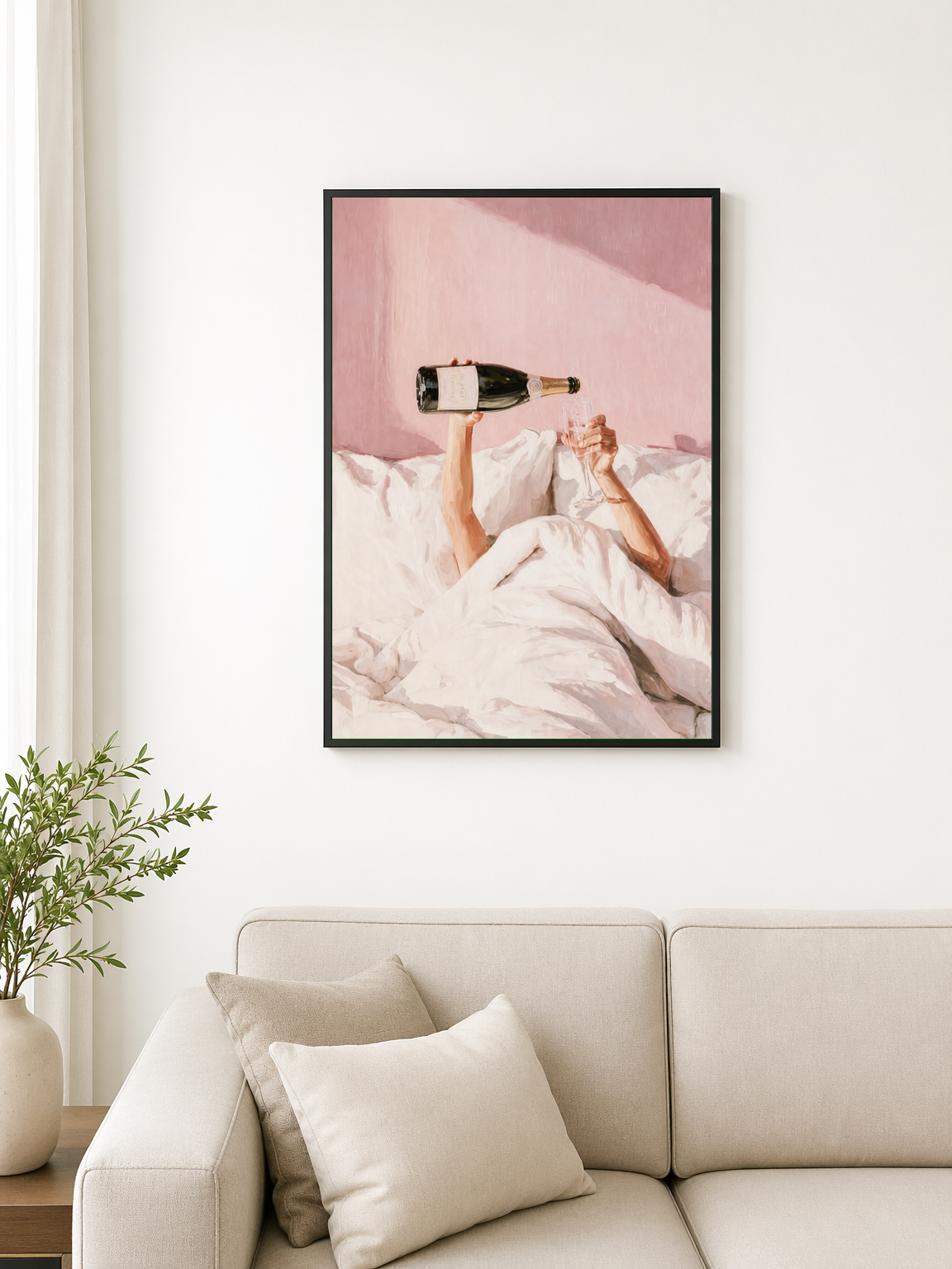 Champagne in Bed Pink Wall Art Print - black framed