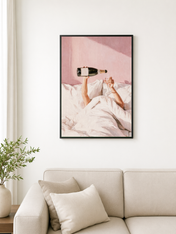 Champagne in Bed Pink Wall Art Print - black framed