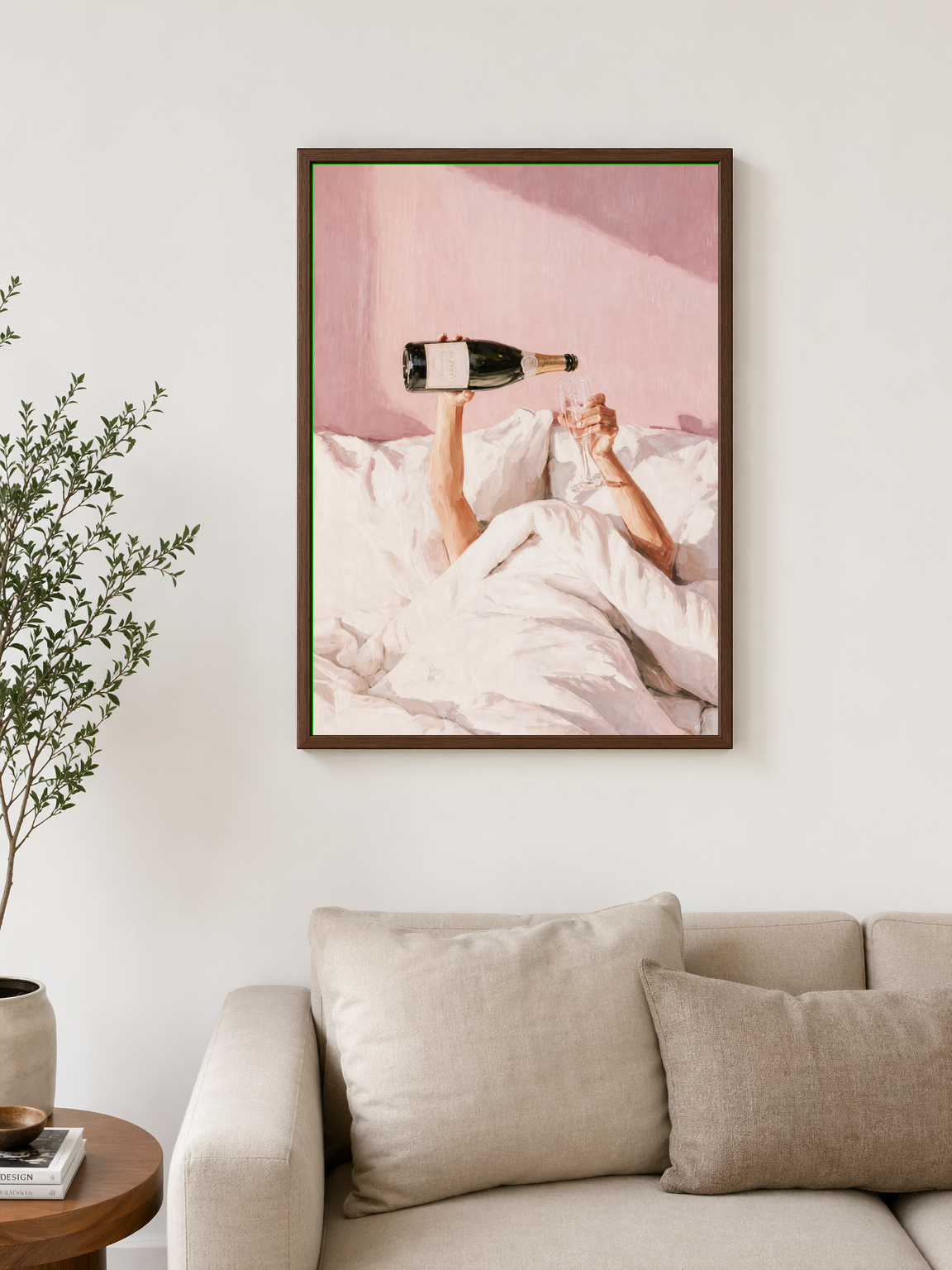 Champagne in Bed Pink Wall Art Print - dark wood framed