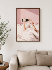 Champagne in Bed Pink Wall Art Print - dark wood framed