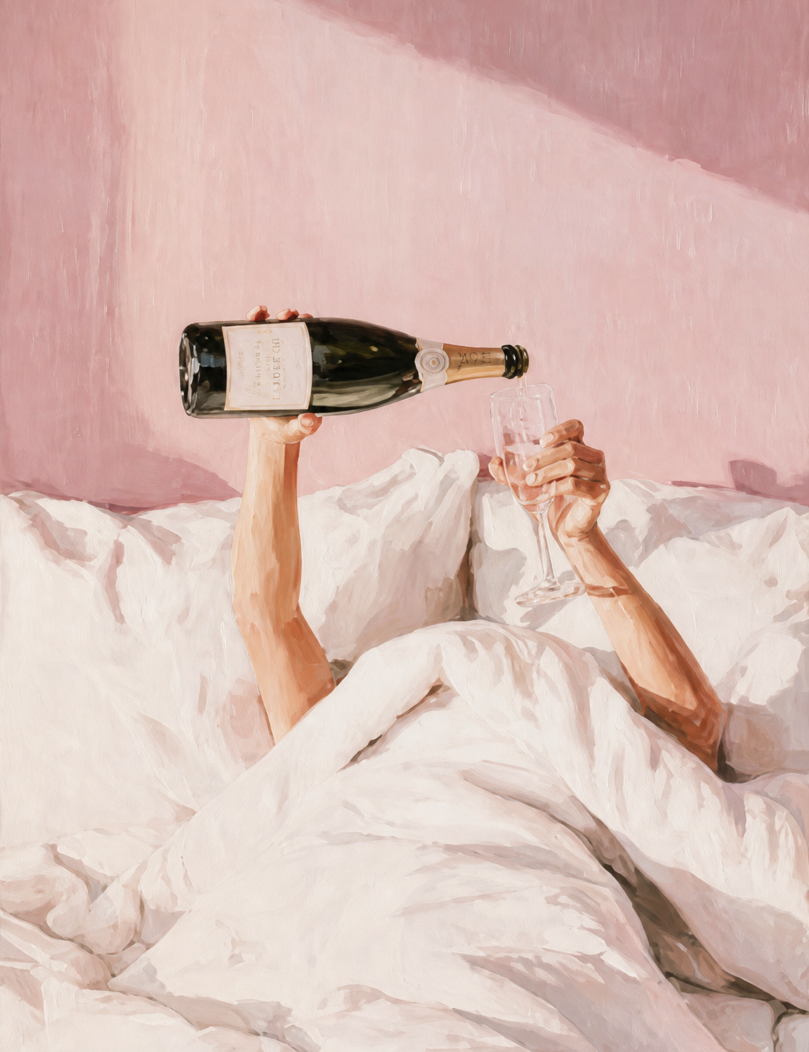 Champagne in Bed Pink Wall Art Print - unframed