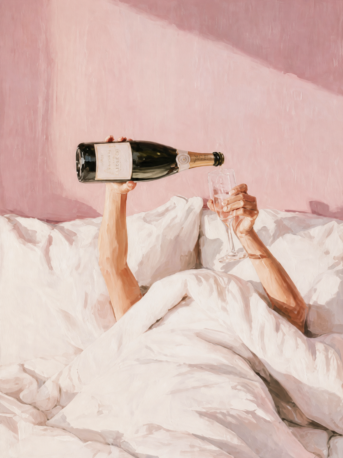 Champagne in Bed Pink Wall Art Print - unframed