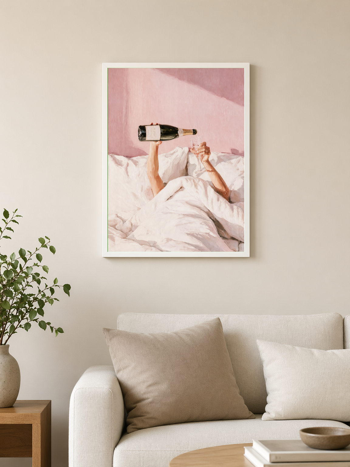 Champagne in Bed Pink Wall Art Print - white framed