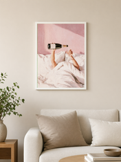 Champagne in Bed Pink Wall Art Print - white framed