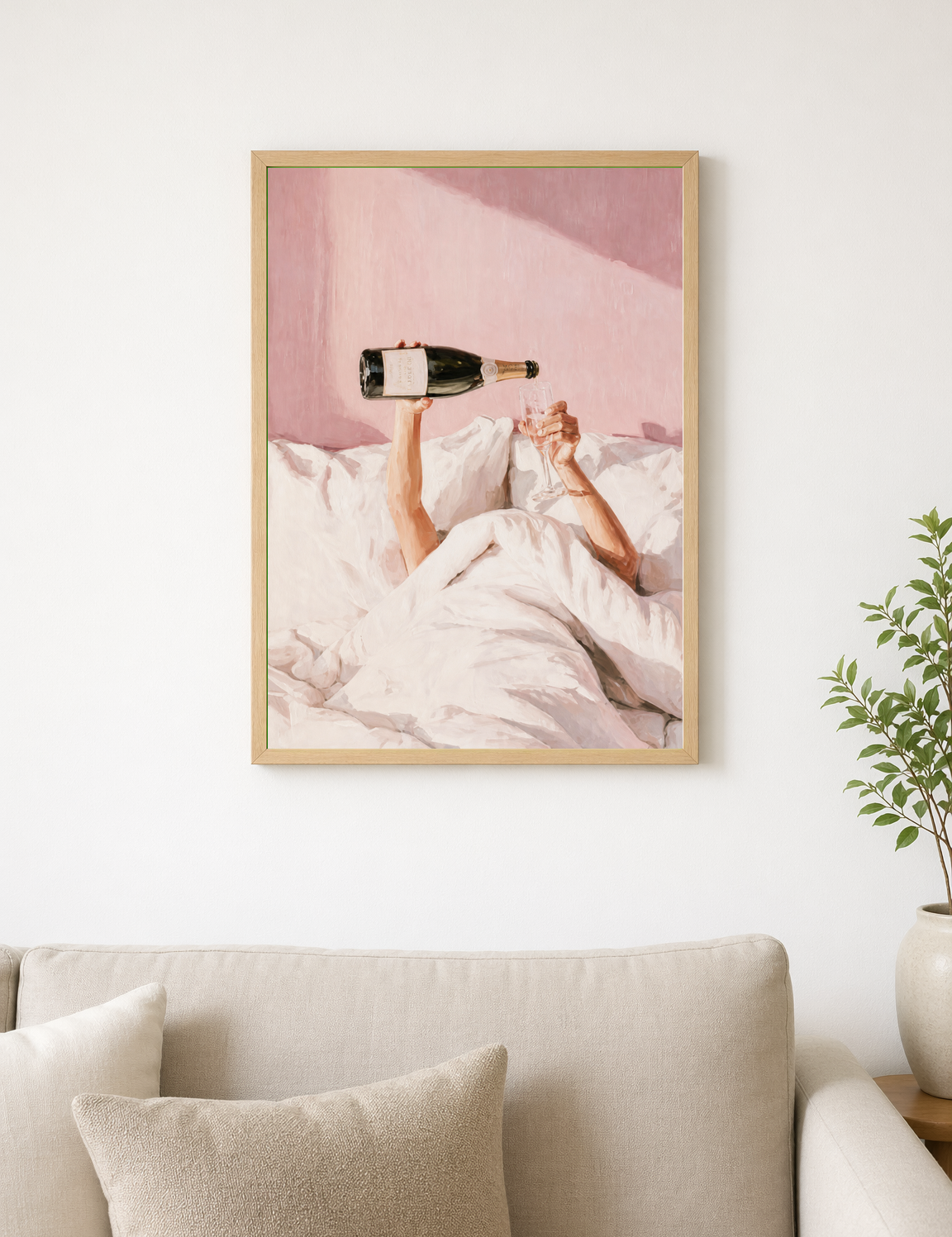 Champagne in Bed Pink Wall Art Print - wood framed poster