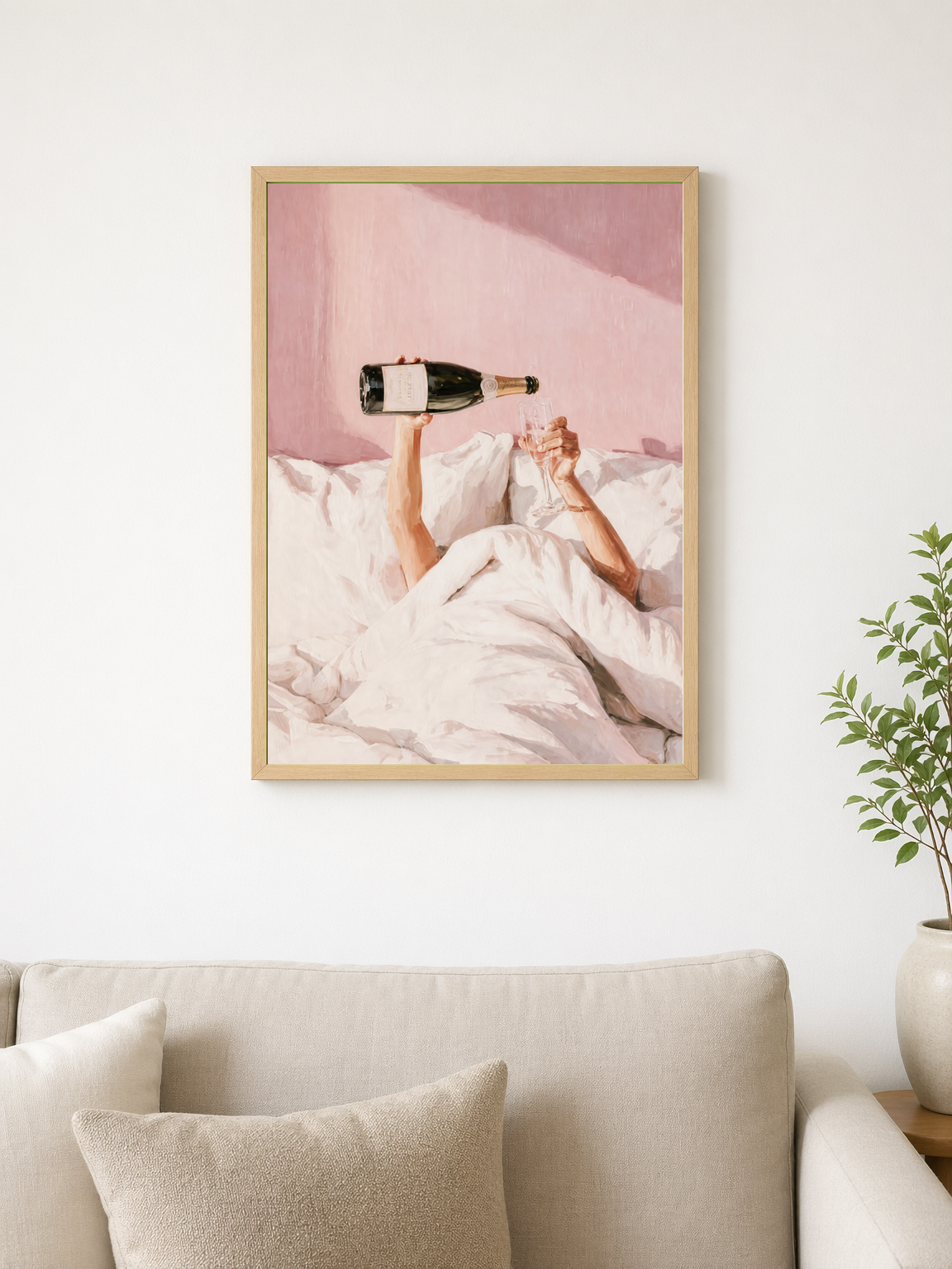 Champagne in Bed Pink Wall Art Print - wood framed poster