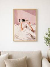 Champagne in Bed Pink Wall Art Print - wood framed poster