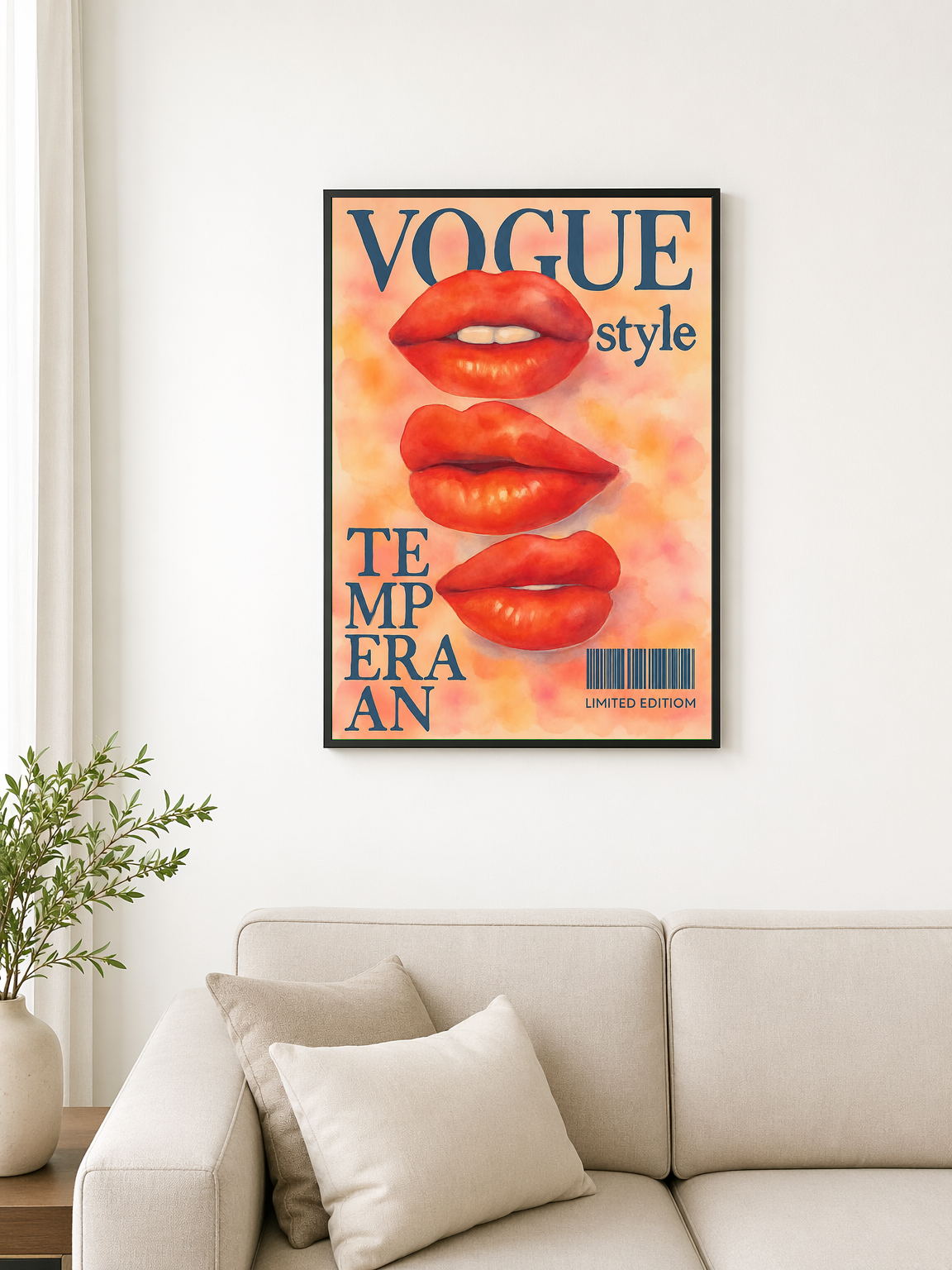 Vogue Style Red Lips Wall Art Print - black framed