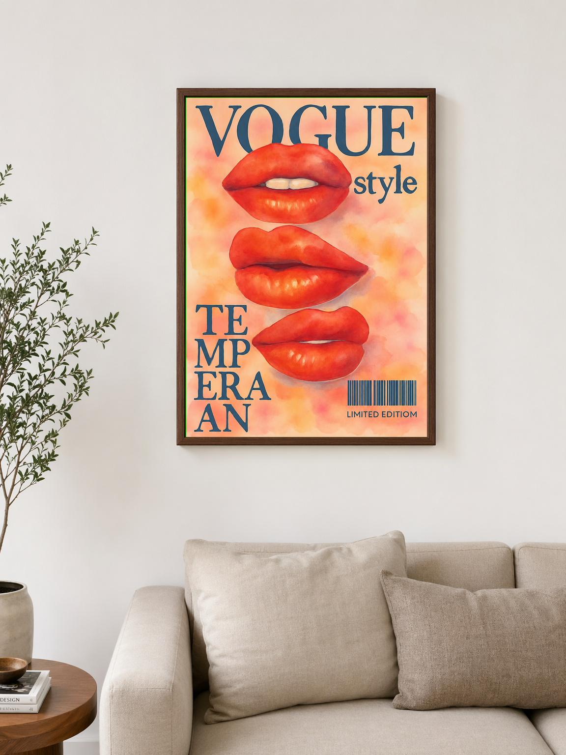 Vogue Style Red Lips Wall Art Print - dark wood framed