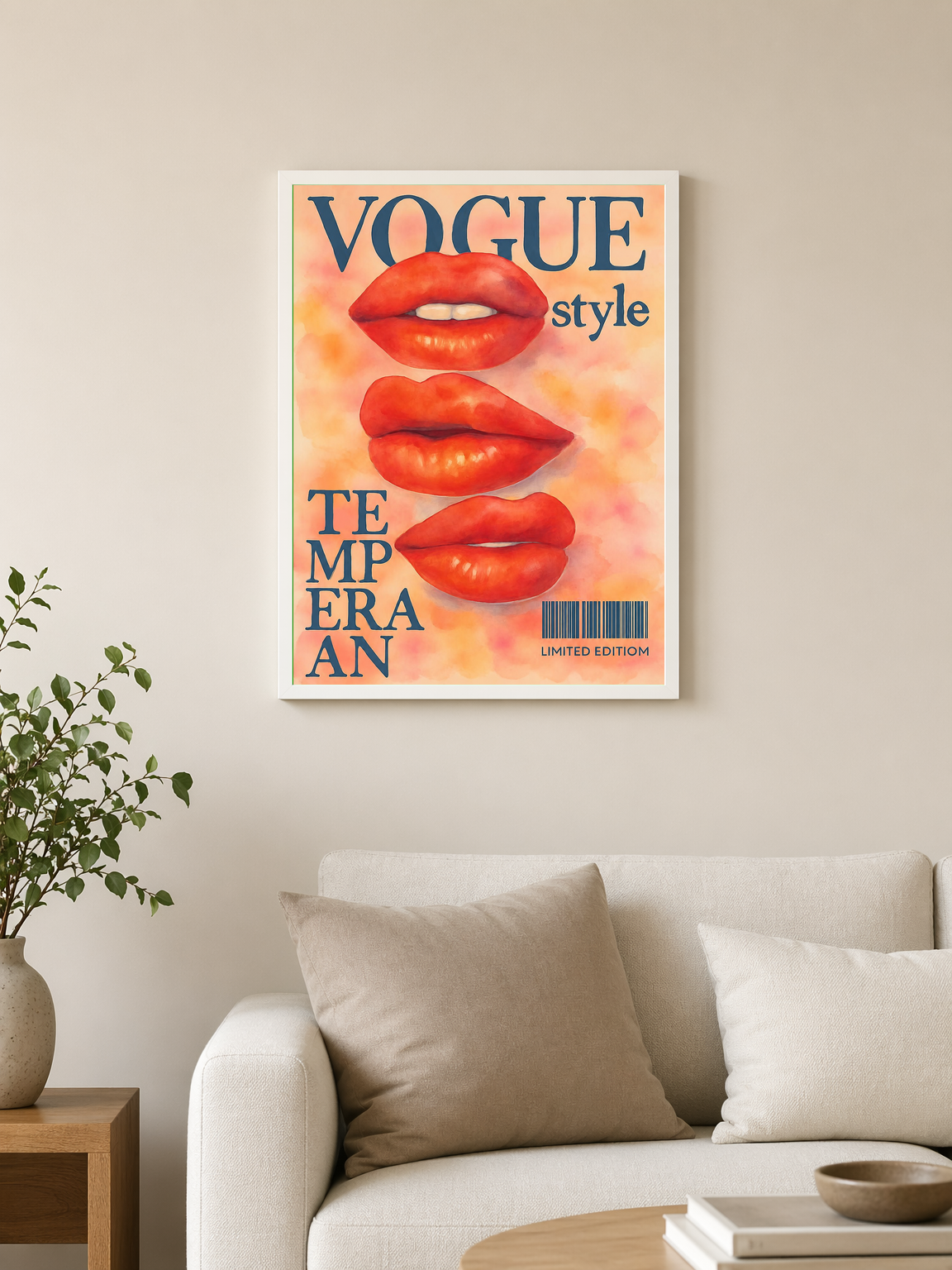 Vogue Style Red Lips Wall Art Print - white framed