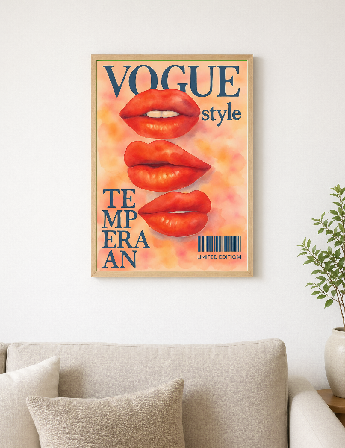 Vogue Style Red Lips Wall Art Print - wood framed poster