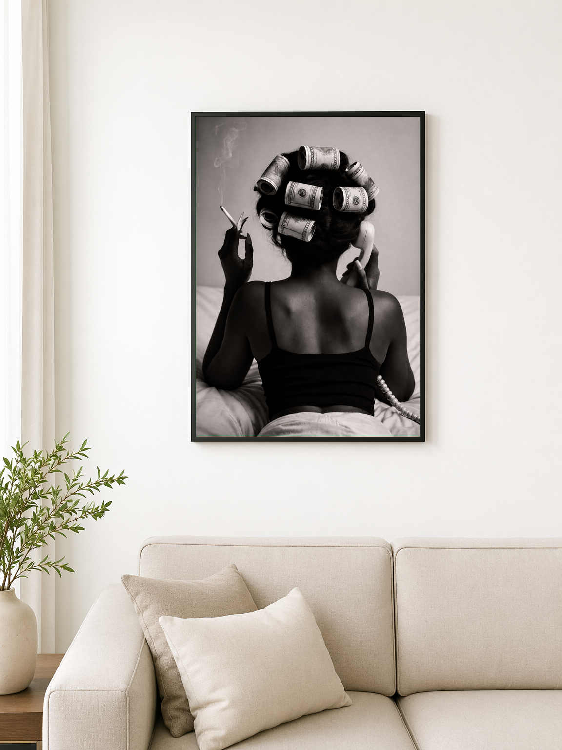 Money Hair Rollers Black and White Wall Art Print - black framed