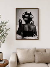 Money Hair Rollers Black and White Wall Art Print - dark wood framed