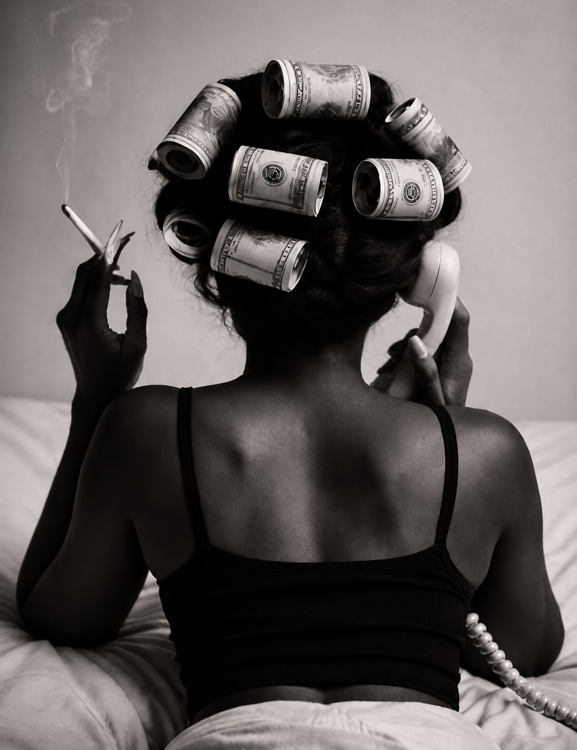Money Hair Rollers Black and White Wall Art Print - unframed