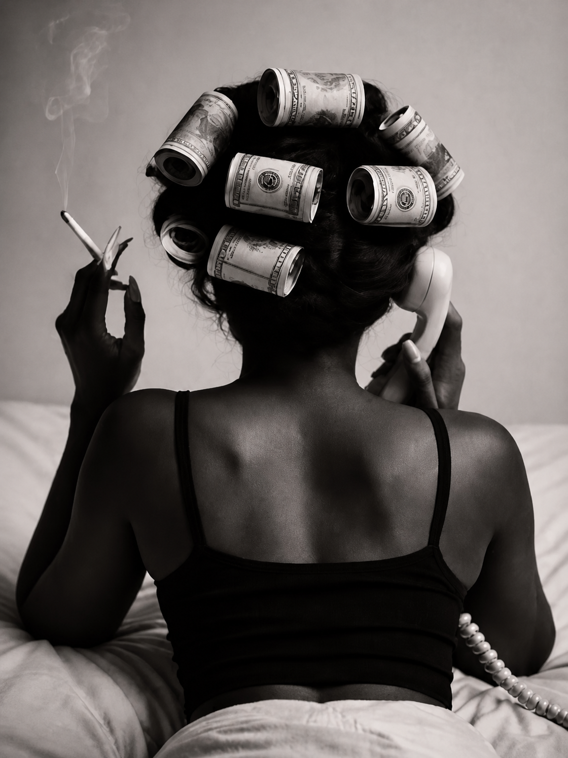Money Hair Rollers Black and White Wall Art Print - unframed