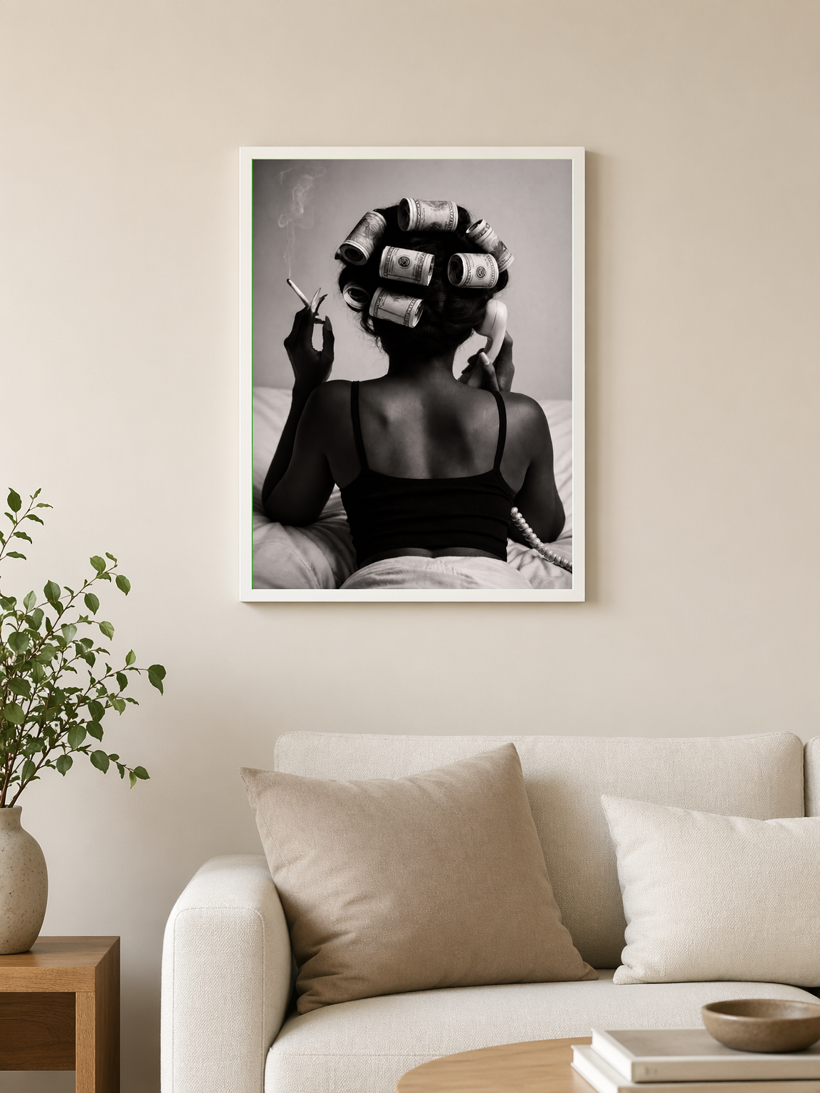 Money Hair Rollers Black and White Wall Art Print - white framed