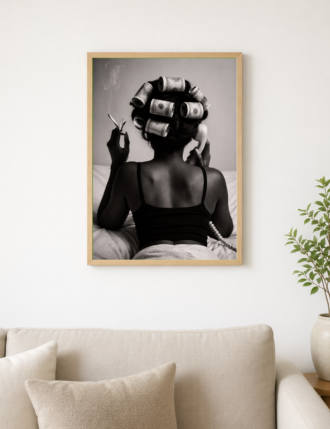 Money Hair Rollers Black and White Wall Art Print - wood framed poster