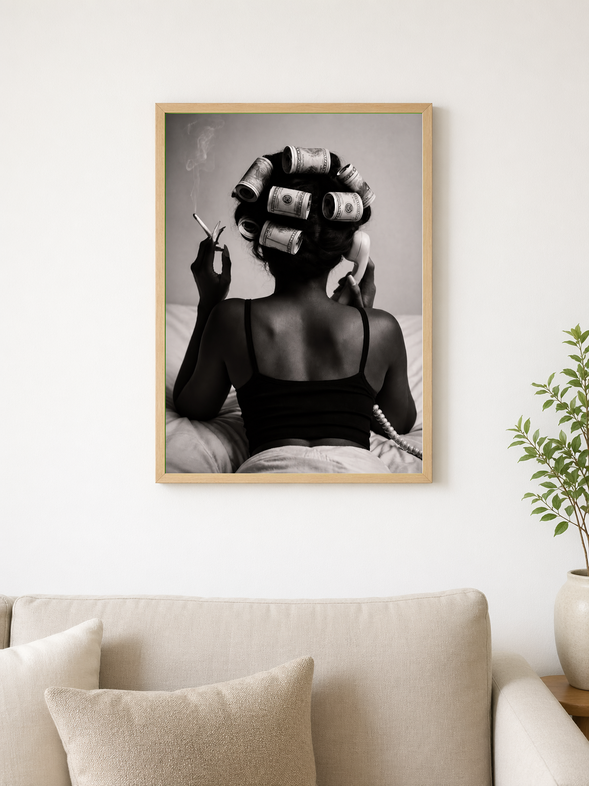 Money Hair Rollers Black and White Wall Art Print - wood framed poster