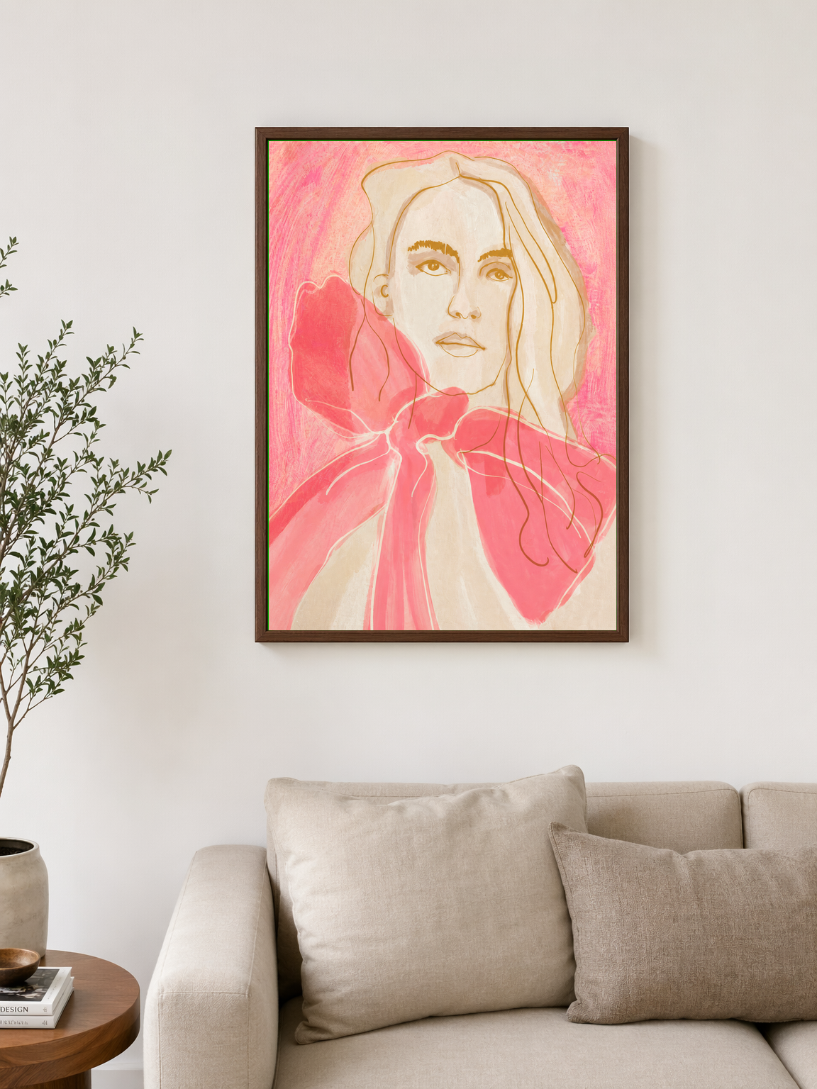 Feminine Pink Portrait Wall Art Print - dark wood framed